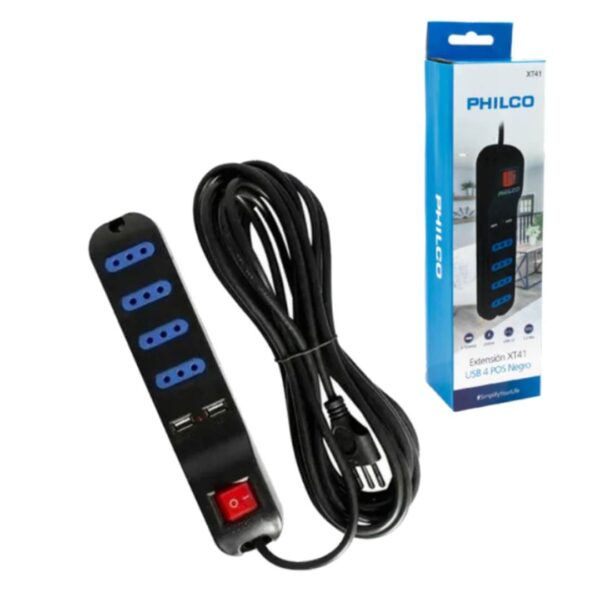 Extension Philco Xt41 Alargador 4 tomas + USB 1.5m Negro