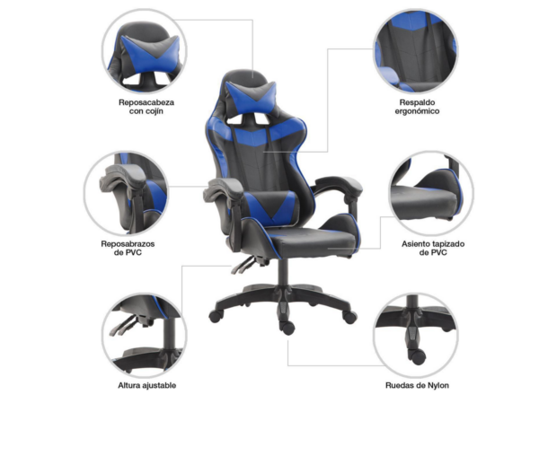 Silla Gamer Eco Cuero Apoyabrazos Reclinable 100kg Azul