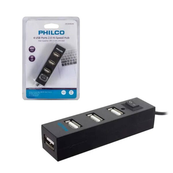 HUB 4 Puertos Negro USB 2.0 Philco