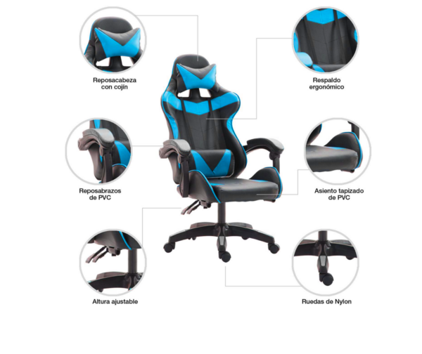 Silla Gamer Eco Cuero Apoyabrazos Reclinable 100kg Celeste