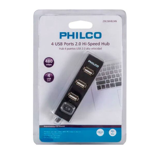 HUB 4 Puertos Negro USB 2.0 Philco