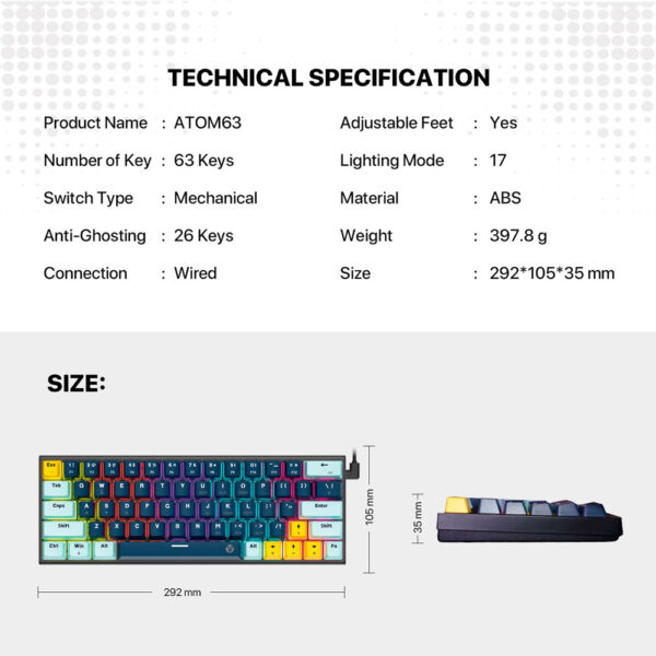Teclado Fantech MK874V2 ATOM63 MIZU SkyBlue (Switch Red) - Imagen 9
